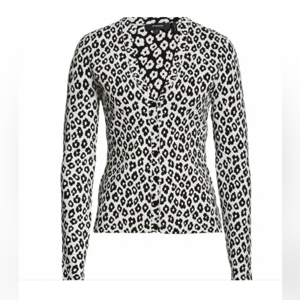 Theory Glossed Leopard Cardigan in Ivory & Black, Size Medium